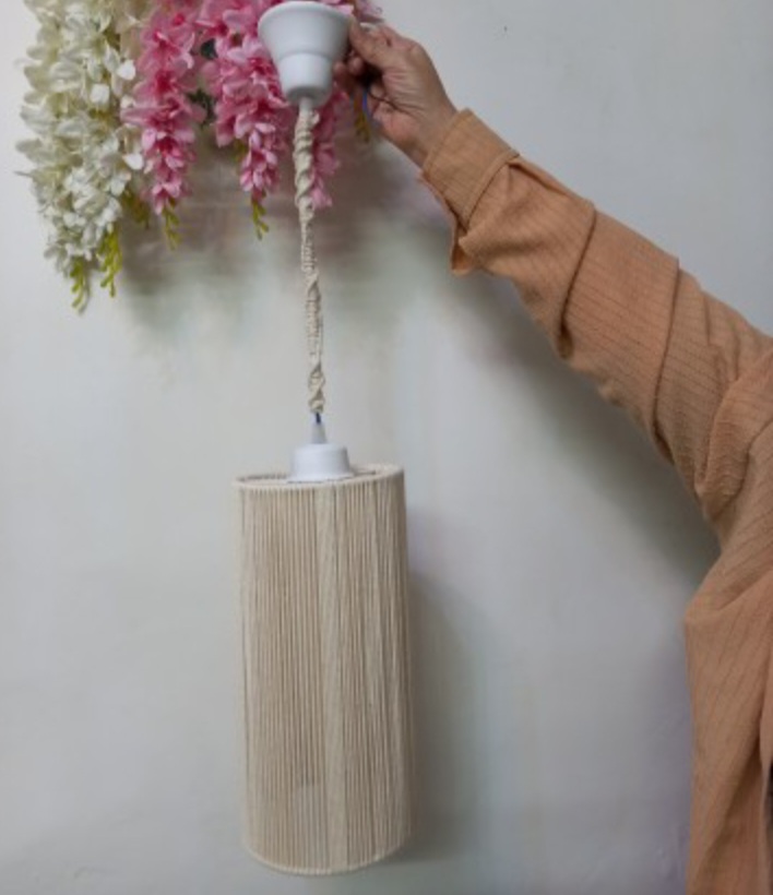 لوستر مکرومه بافی فریم استوانه ای نخ پنبه کتان