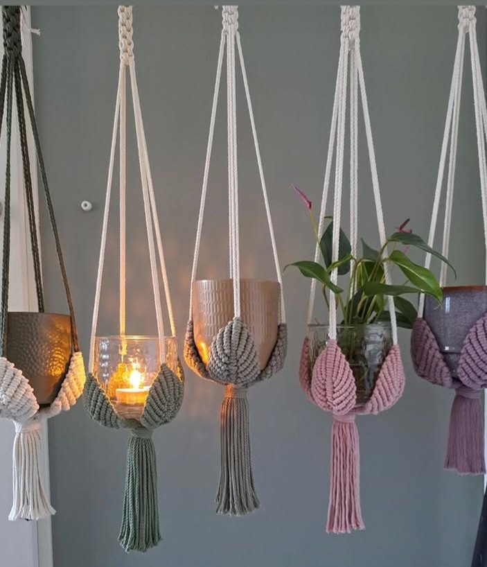 آویز گلدان مکرومه نخ پنبه کتان